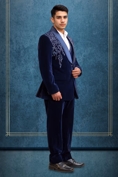 Navy Blue Tuxedo, Crafted With Luxurious Velvet, The Pack Includes A Blazer, Waistcoat, Shirt, Trouser For… — view 3 of 4