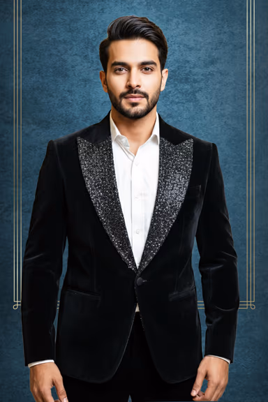 Sophisticated Black Velvet Evening Blazer Highlighted By Shimmering Silver Glitter Peak Lapels For A Formal… — view 2 of 2