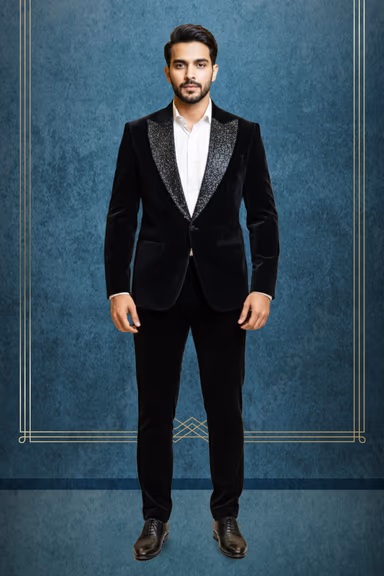 Sophisticated Black Velvet Evening Blazer Highlighted By Shimmering Silver Glitter Peak Lapels For A Formal… — view 1 of 2
