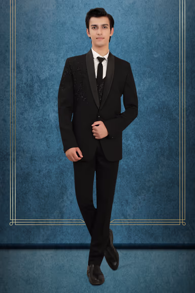 Elegant Black Three-Piece Suit with Embroidered Detailing — view 1 of 3