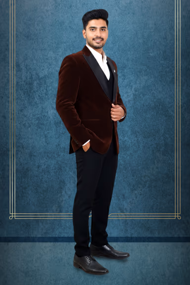 Velvet Blazer With Silk Black Lapel And Metallic Broch Is A Stylish Men's Evening Wear Suit Jacket. — view 2 of 3