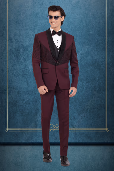 Wine Maroon Embellished Tuxedo Suit with Satin Lapel & Bow Tie — view 1 of 3