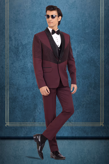 Wine Maroon Embellished Tuxedo Suit with Satin Lapel & Bow Tie — view 2 of 3