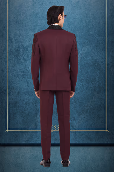 Wine Maroon Embellished Tuxedo Suit with Satin Lapel & Bow Tie — view 3 of 3