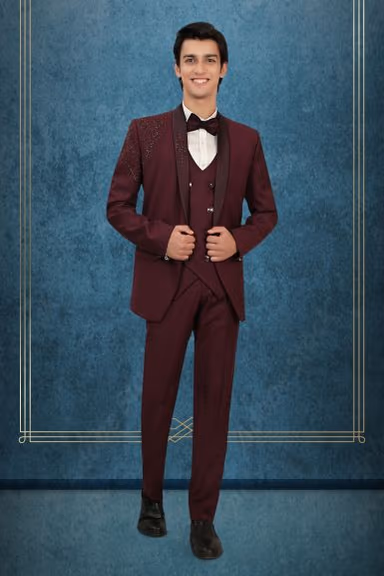 Wine Tuxedo Suit with Sequin Embroidered Shoulder Detailing and Satin Lapels — view 1 of 6