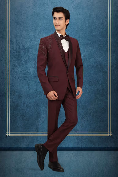 Wine Tuxedo Suit with Sequin Embroidered Shoulder Detailing and Satin Lapels — view 3 of 6