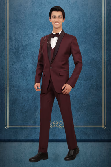 Wine Tuxedo Suit with Sequin Embroidered Shoulder Detailing and Satin Lapels — view 4 of 6