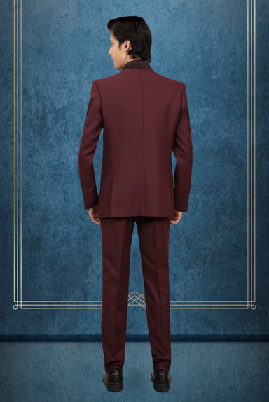 Wine Tuxedo Suit with Sequin Embroidered Shoulder Detailing and Satin Lapels — view 6 of 6