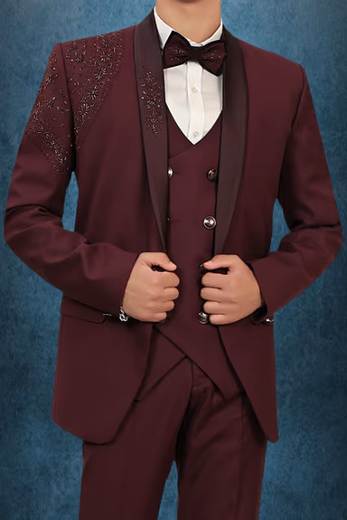 Wine Tuxedo Suit with Sequin Embroidered Shoulder Detailing and Satin Lapels — view 5 of 6