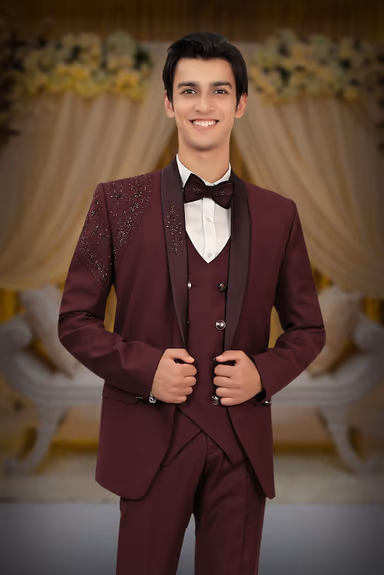 Wine Tuxedo Suit with Sequin Embroidered Shoulder Detailing and Satin Lapels — view 2 of 6