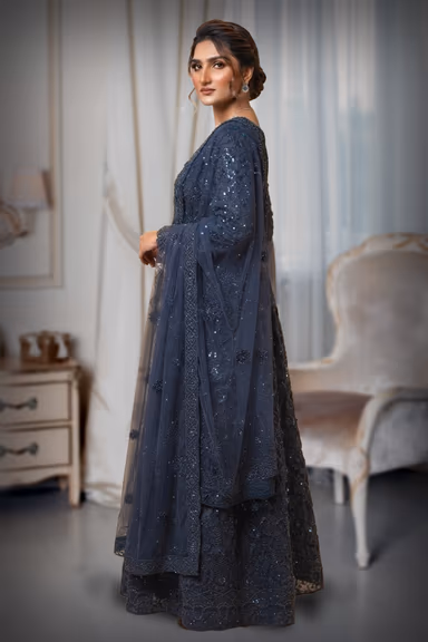 Blue Heavily Embellished Net Anarkali Gown Set with Dupatta — view 3 of 3