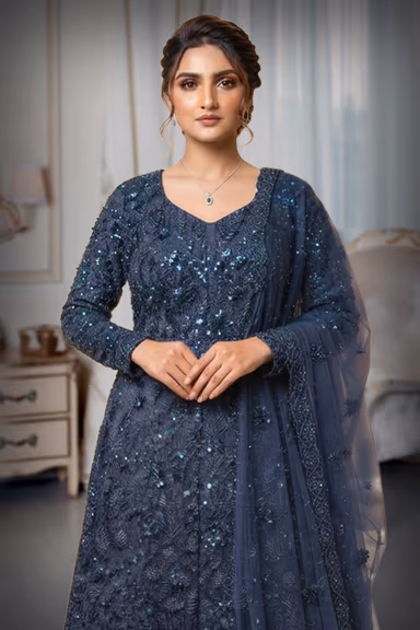 Blue Heavily Embellished Net Anarkali Gown Set with Dupatta — view 1 of 3
