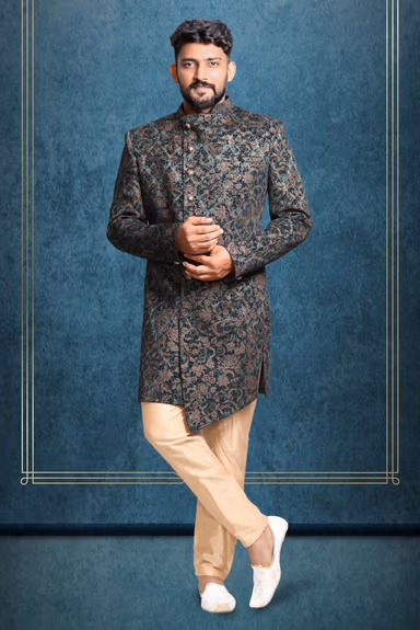 asymmetrical cut jacquard in green indowestern — view 1 of 6