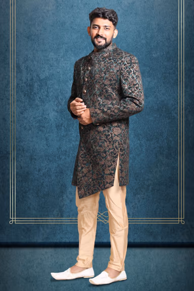 asymmetrical cut jacquard in green indowestern — view 2 of 6