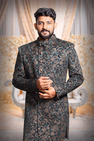 asymmetrical cut jacquard in green indowestern — view 6 of 6