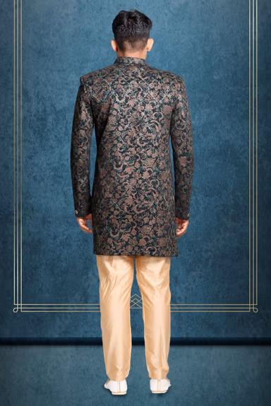 asymmetrical cut jacquard in green indowestern — view 4 of 6