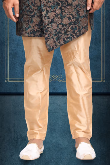 asymmetrical cut jacquard in green indowestern — view 5 of 6