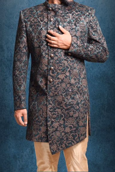 asymmetrical cut jacquard in green indowestern — view 3 of 6