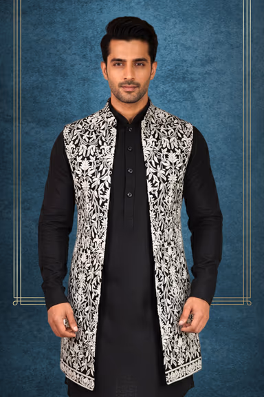 Black & White Embroidered Indo-Western Sherwani — view 2 of 3