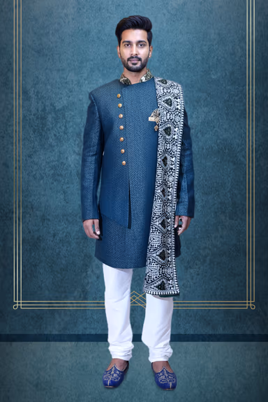 Green indo western paired with an intricately embroidered chador-style dupatta — view 1 of 3