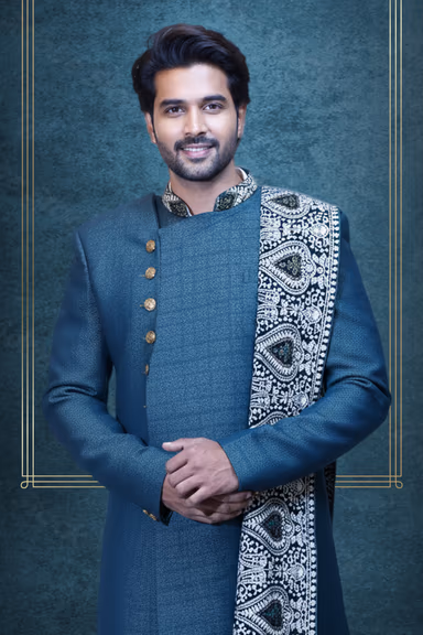 Green indo western paired with an intricately embroidered chador-style dupatta — view 3 of 3
