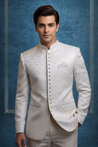 Cream Brocade Bandhgala Jacket With Detailed Embellished Buttons And Pocket Chain Ideal For Traditional Or… — view 2 of 2