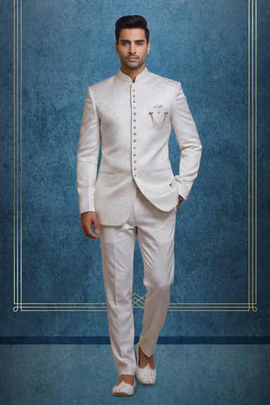 Cream Brocade Bandhgala Jacket With Detailed Embellished Buttons And Pocket Chain Ideal For Traditional Or… — view 1 of 2