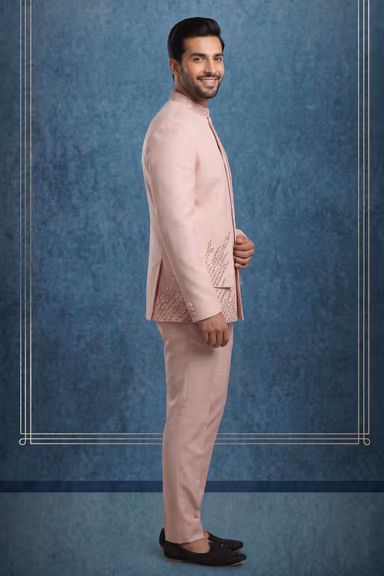 Men’s Blush Pink Bandhgala Suit with Crystal Embellishments — view 3 of 3