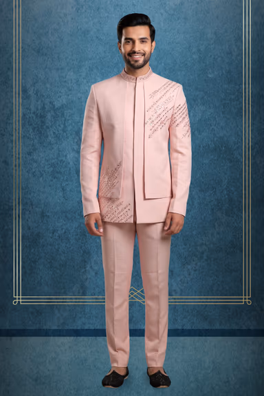 Men’s Blush Pink Bandhgala Suit with Crystal Embellishments — view 1 of 3