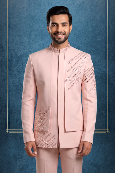 Men’s Blush Pink Bandhgala Suit with Crystal Embellishments — view 2 of 3