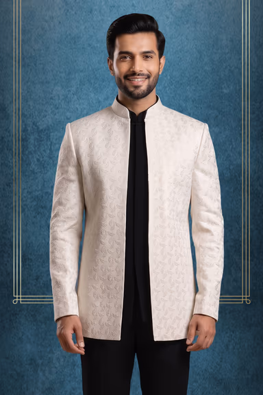 Men’s Cream Textured Indo-Western Jodhpuri Jacket with Black Kurta and Trouser Set — view 2 of 3