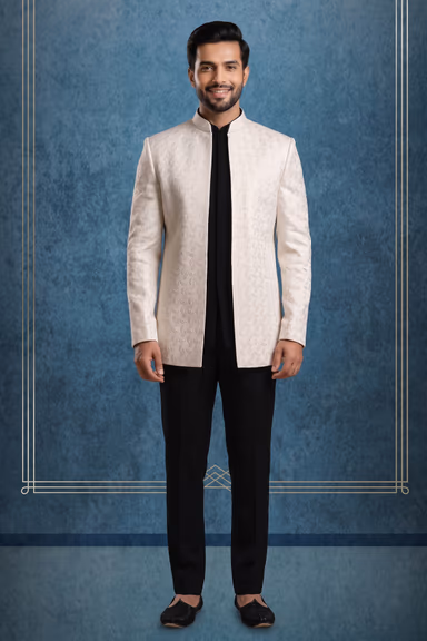 Men’s Cream Textured Indo-Western Jodhpuri Jacket with Black Kurta and Trouser Set — view 1 of 3