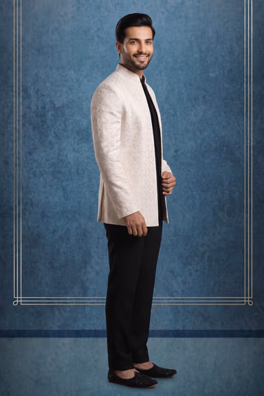 Men’s Cream Textured Indo-Western Jodhpuri Jacket with Black Kurta and Trouser Set — view 3 of 3