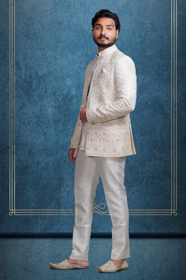 Men’s Ivory White Designer Indo-Western Sherwani Jacket — view 2 of 3