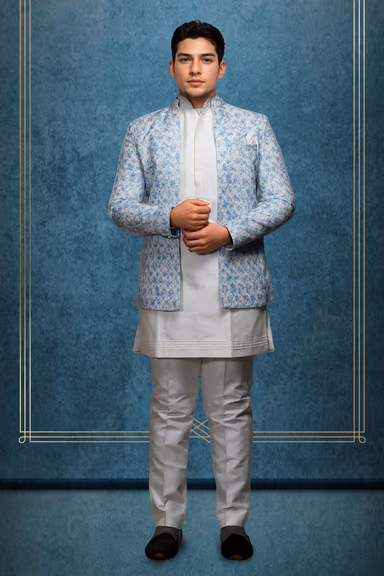 Men's White Kurta with Sky Blue Brocade Nehru Jacket — view 1 of 3