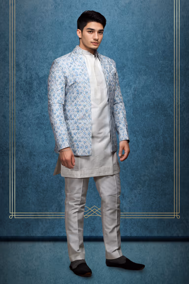 Men's White Kurta with Sky Blue Brocade Nehru Jacket — view 3 of 3