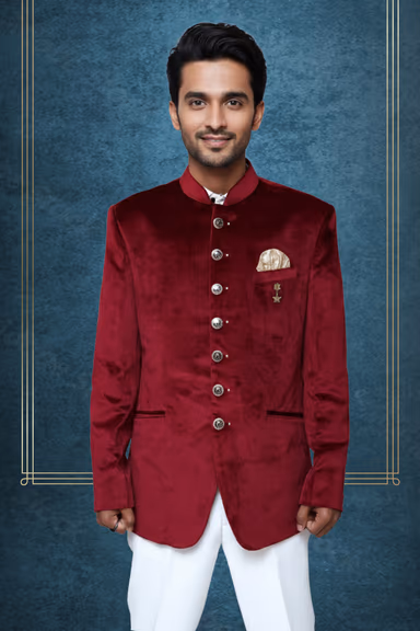 Regal Red Velvet Jodhpuri with Golden Buttons for Timeless Wedding Elegance — view 2 of 2