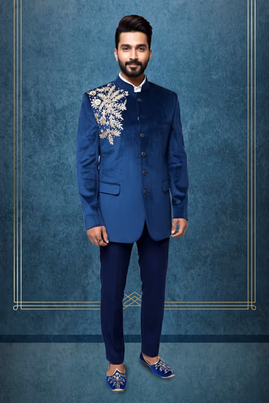 Sophisticated Velvet Jodhpuri with Golden Floral Shoulder Motif for Regal Elegance — view 1 of 2