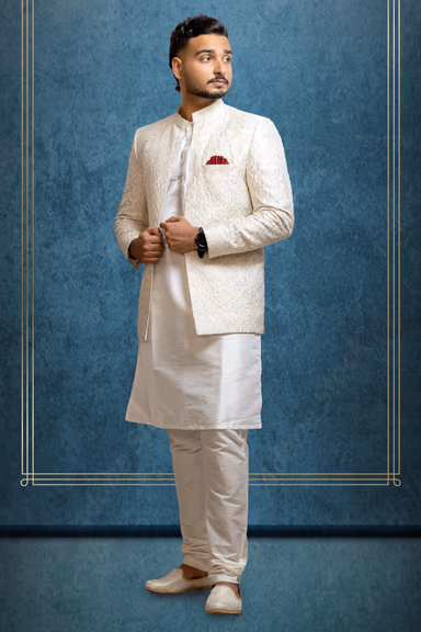 White Textured Grooms Sherwani With Elegant Threadwork Details — view 3 of 4