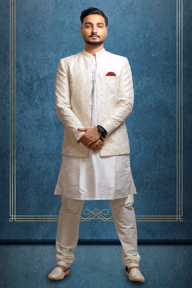 White Textured Grooms Sherwani With Elegant Threadwork Details — view 2 of 4