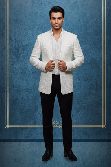 White Textured Jacquard Nehru Jacket / Bandhgala — view 1 of 2