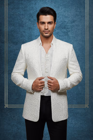 White Textured Jacquard Nehru Jacket / Bandhgala — view 2 of 2