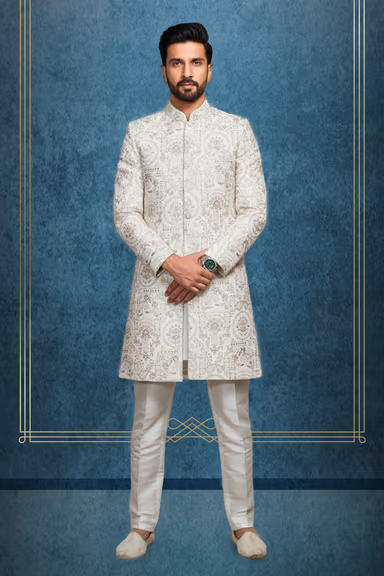 White 2 Pc Kids Sherwani With Heavy Threadwork Details — view 1 of 2