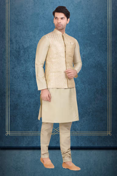 Beige Silk Kurta Churidar with Brocade Nehru Jacket — view 2 of 3