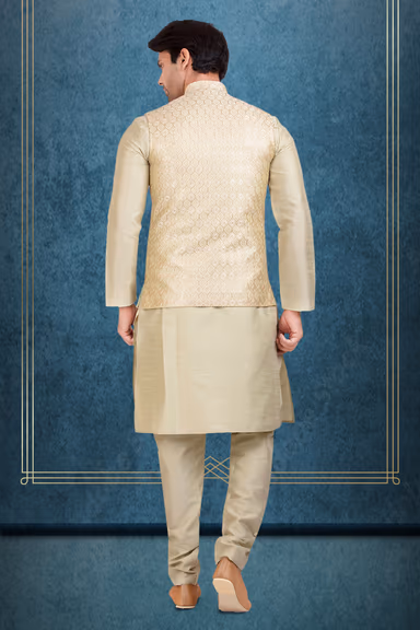 Beige Silk Kurta Churidar with Brocade Nehru Jacket — view 3 of 3