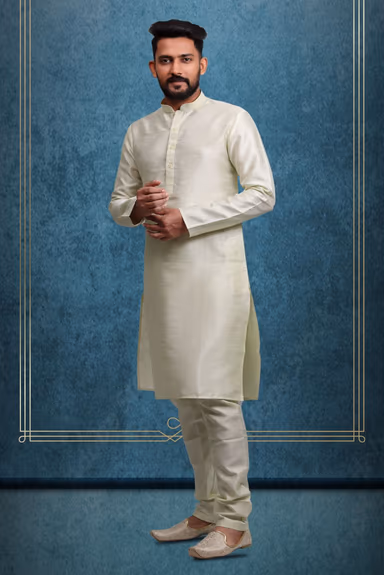 Cream Kurta Pyjama in Blended Fabric — view 2 of 6
