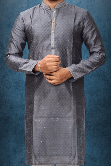 Grey Colour Ethnic Kurtha In Golden Threadwork Textured Dupion Silk Fabric And White Bottom — view 5 of 5