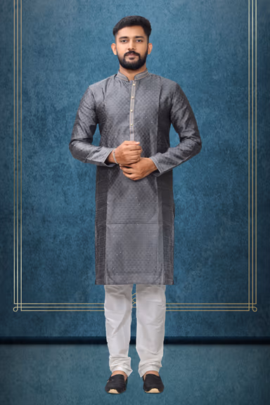 Grey Colour Ethnic Kurtha In Golden Threadwork Textured Dupion Silk Fabric And White Bottom — view 1 of 5