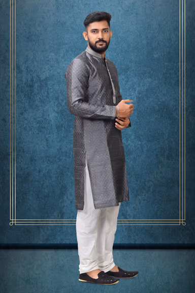 Grey Colour Ethnic Kurtha In Golden Threadwork Textured Dupion Silk Fabric And White Bottom — view 3 of 5