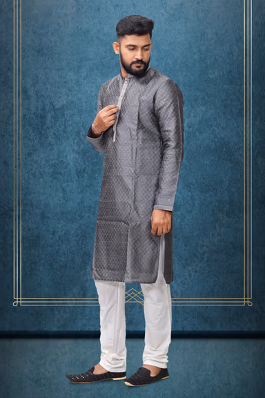 Grey Colour Ethnic Kurtha In Golden Threadwork Textured Dupion Silk Fabric And White Bottom — view 2 of 5